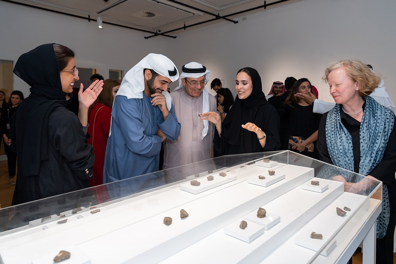 His Highness Sheikh Zayed bin Sultan bin Khalifa Al Nahyan and Her Excellency Noura Al Kaabi having a tour at the exhibition