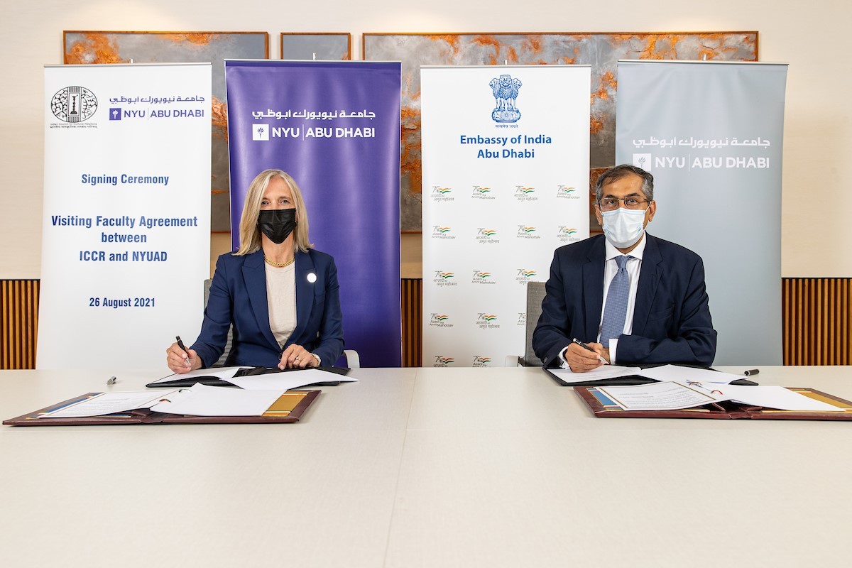 NYUAD Vice Chancellor Mariët Westermann and Indian Ambassador to the UAE Pavan Kapoor sign agreement to establish Visiting Professorship