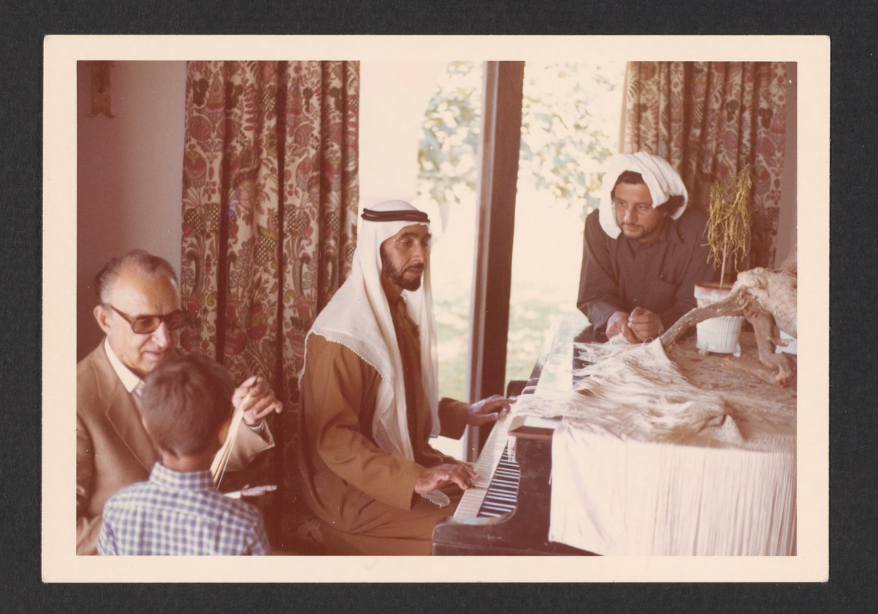 H.H. Sheikh Hazza bin Zayed, H.H. Sheikh Zayed and H.E. Butti bin Bishr in Spain. Circa 1969. Copyright Maryam Al Falasi. Courtesy of Akkasah, al Mawrid.