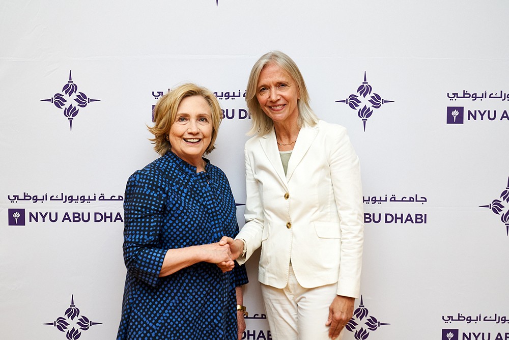 Former U.S. Secretary of State Hillary Rodham Clinton with NYUAD Vice Chancellor Mariët Westermann, March 7, 2023.