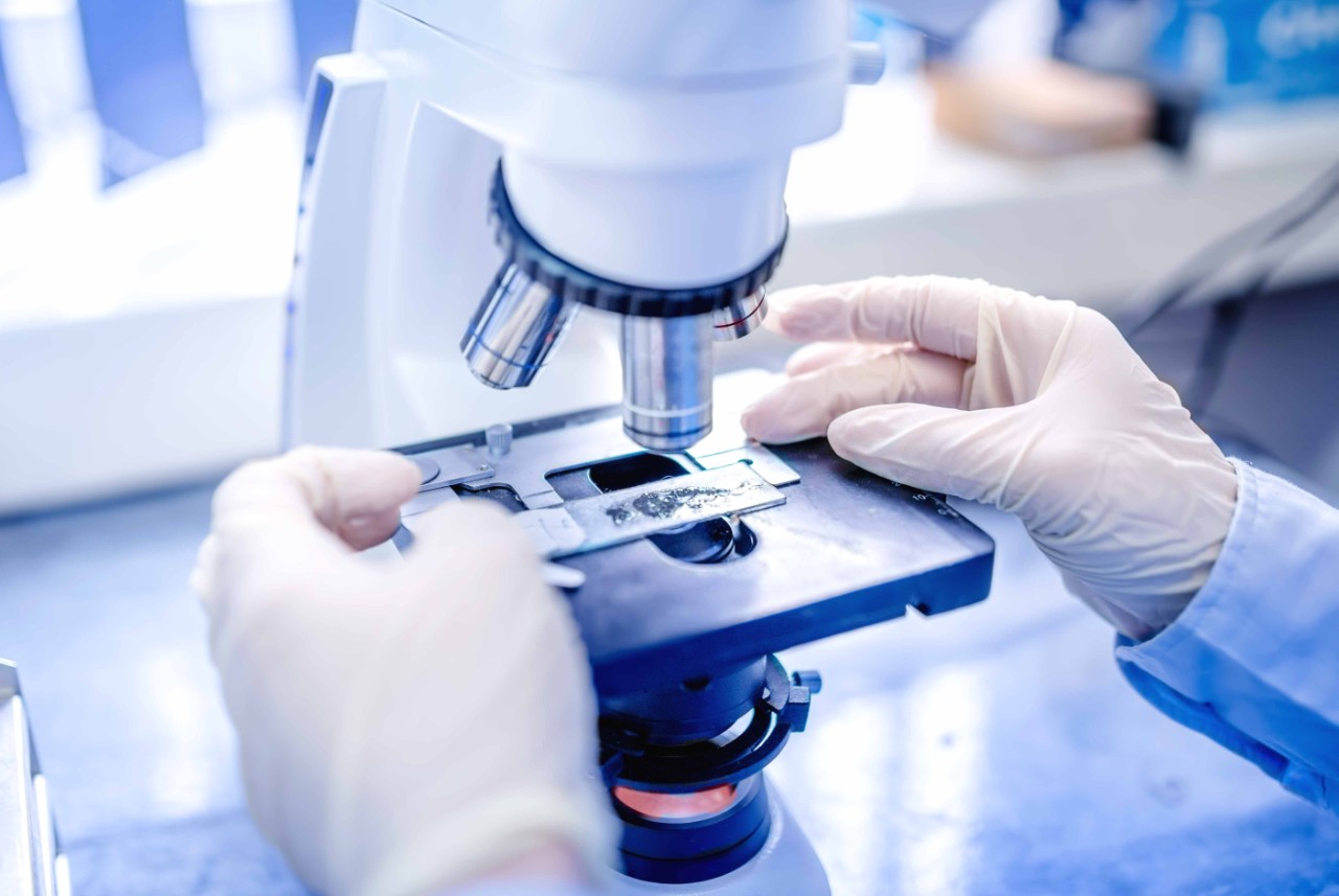 scientist hands with microscope, examining samples and liquid. Medical research with technical equipment