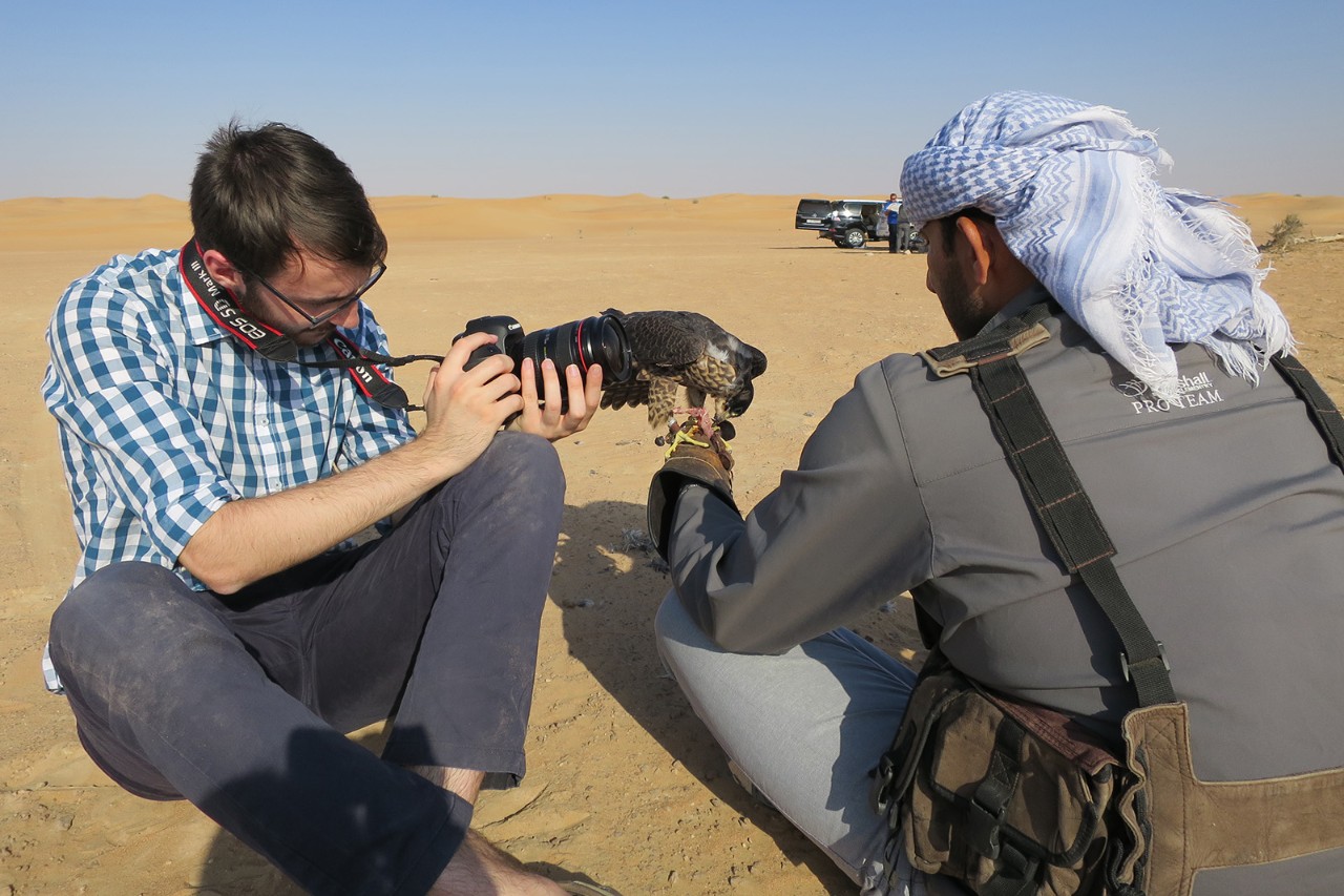 Samuel Ridgeway conducts filming in the desert for a Capstone documentary about falconry in the UAE.