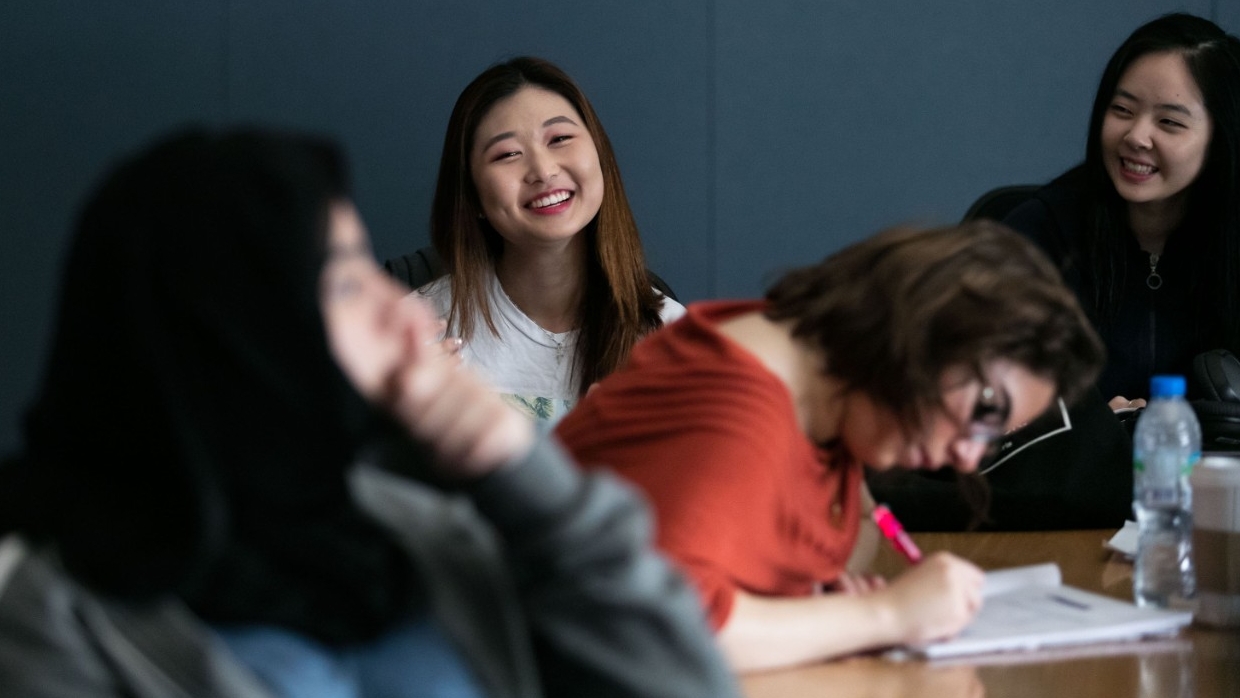 Students attend Associate Music Professor Carlos Guedes' "What is Music" class at the NYU Abu Dhabi campus on Saadiyat Island in Abu Dhabi.