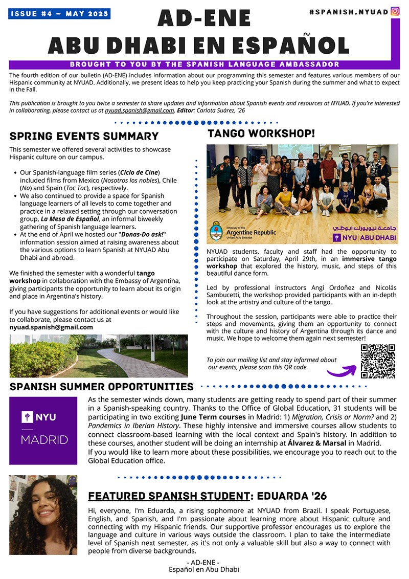 AD-ENE, Abu Dhabi en Espanol, Issue 4. A biannual bulletin published by the NYUAD Spanish Department and students, featuring  news and events.