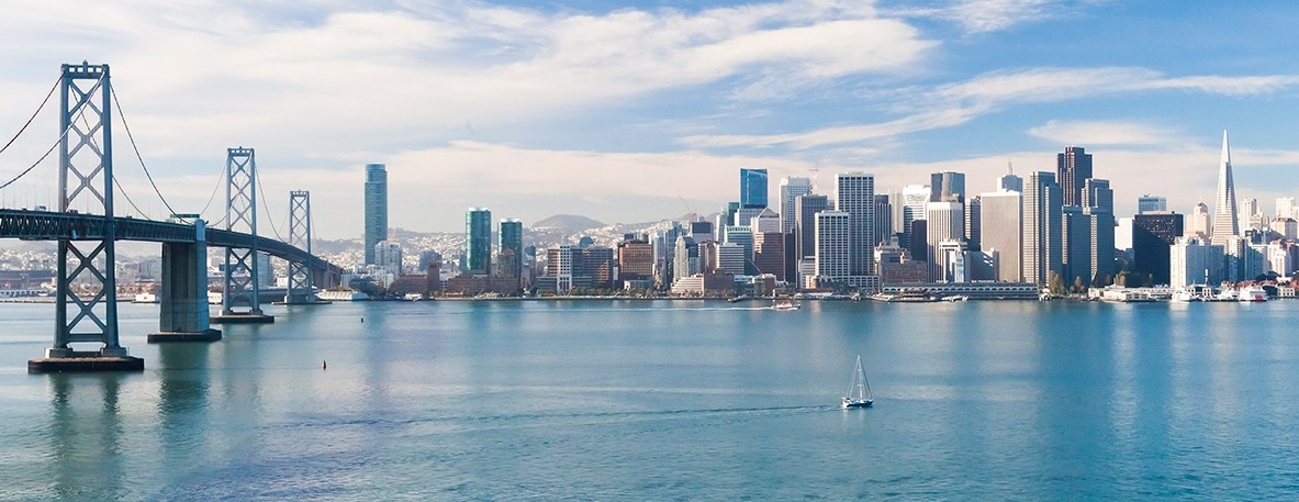 The Bay Bridge is visible in this panoramic image of San Francisco.