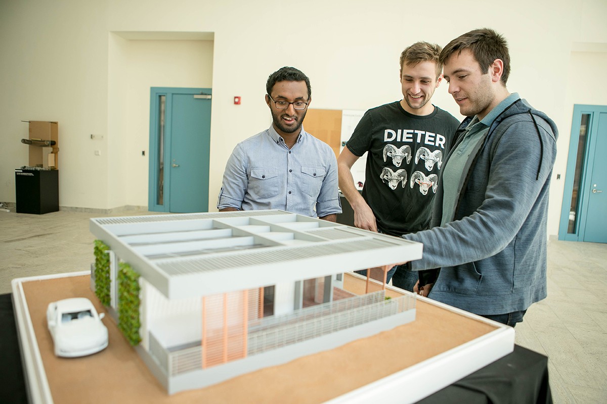 Students on the NYUAD Solar Decathlon Team work on their project at the Engineering Design Studio at NYUAD. (Credit: Kate Lord / New York University)