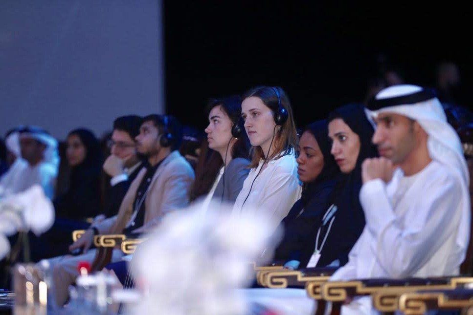 Hannah Melville-Rea attends the Youth Circle at the World Green Economy Summit to discuss sustainable development in the region and the role of young people, alongside Dr. Thani, Minister of Climate Change and Environment (far right).