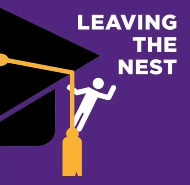 Leaving the Nest Podcast by the Senior Year Experience Committee at New York University Abu Dhab. Image: an illustration of a graduation cap with a stick figure standing on and holding on to the tassell, with the words Leaving the Nest, on a dark purple background.