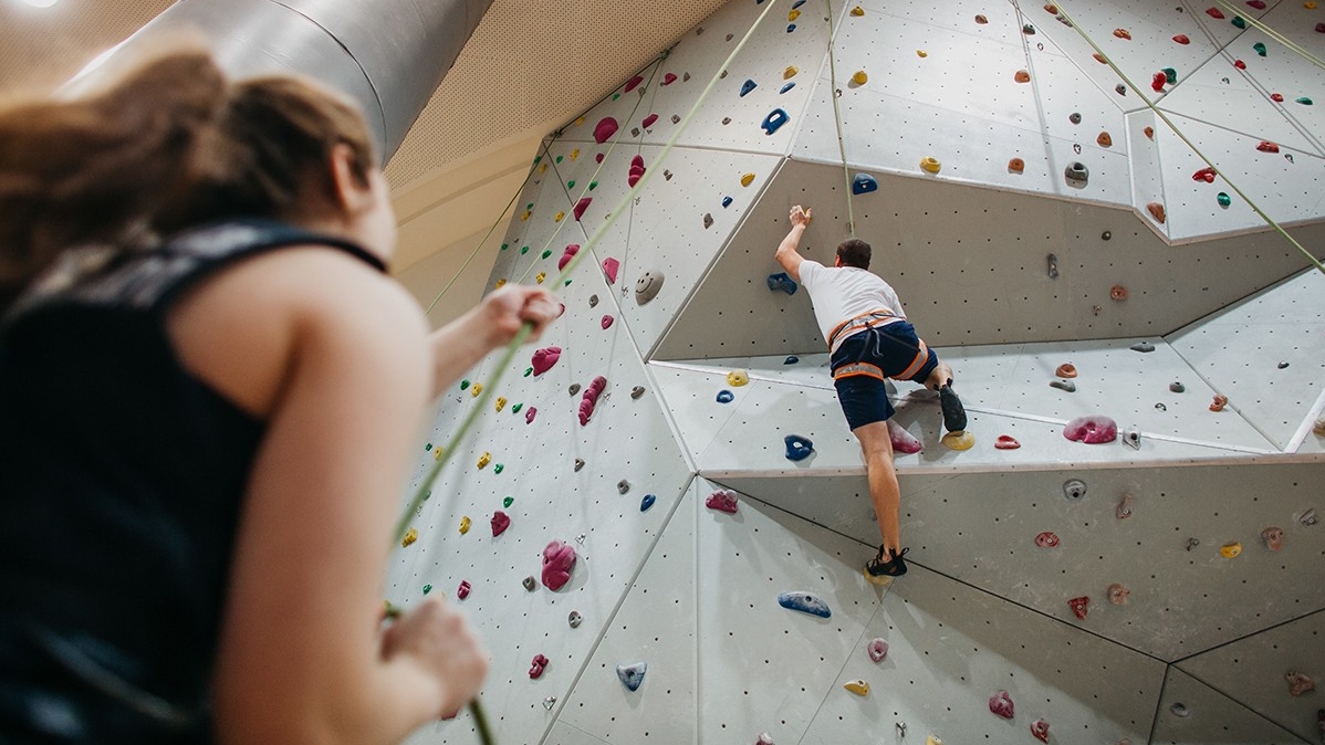 Indoor rock climbing wall on campus