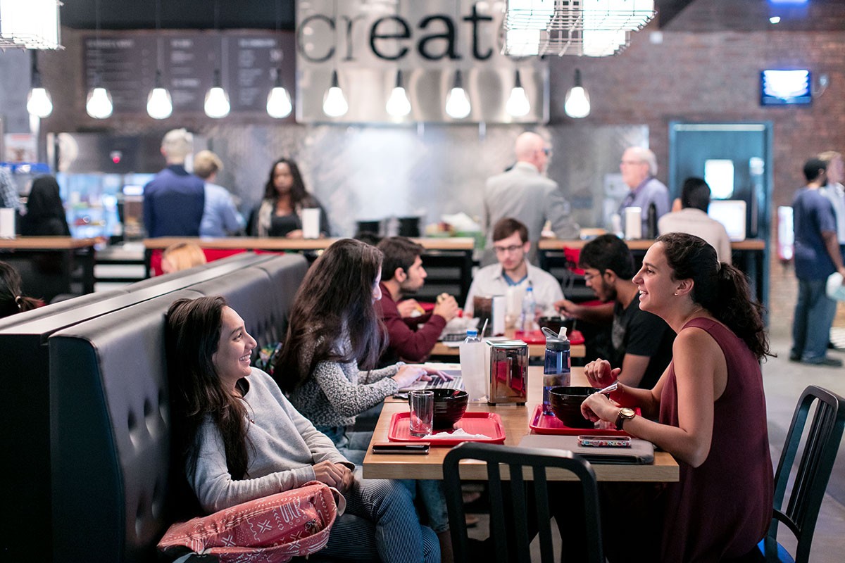 Students dining in the marketplace on campus.