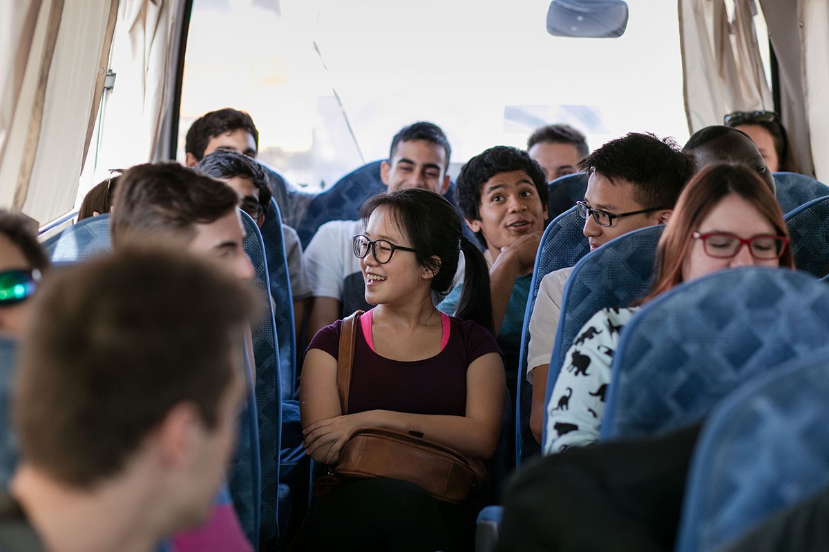 Students take the daily shuttle bus from campus to downtown Abu Dhabi.