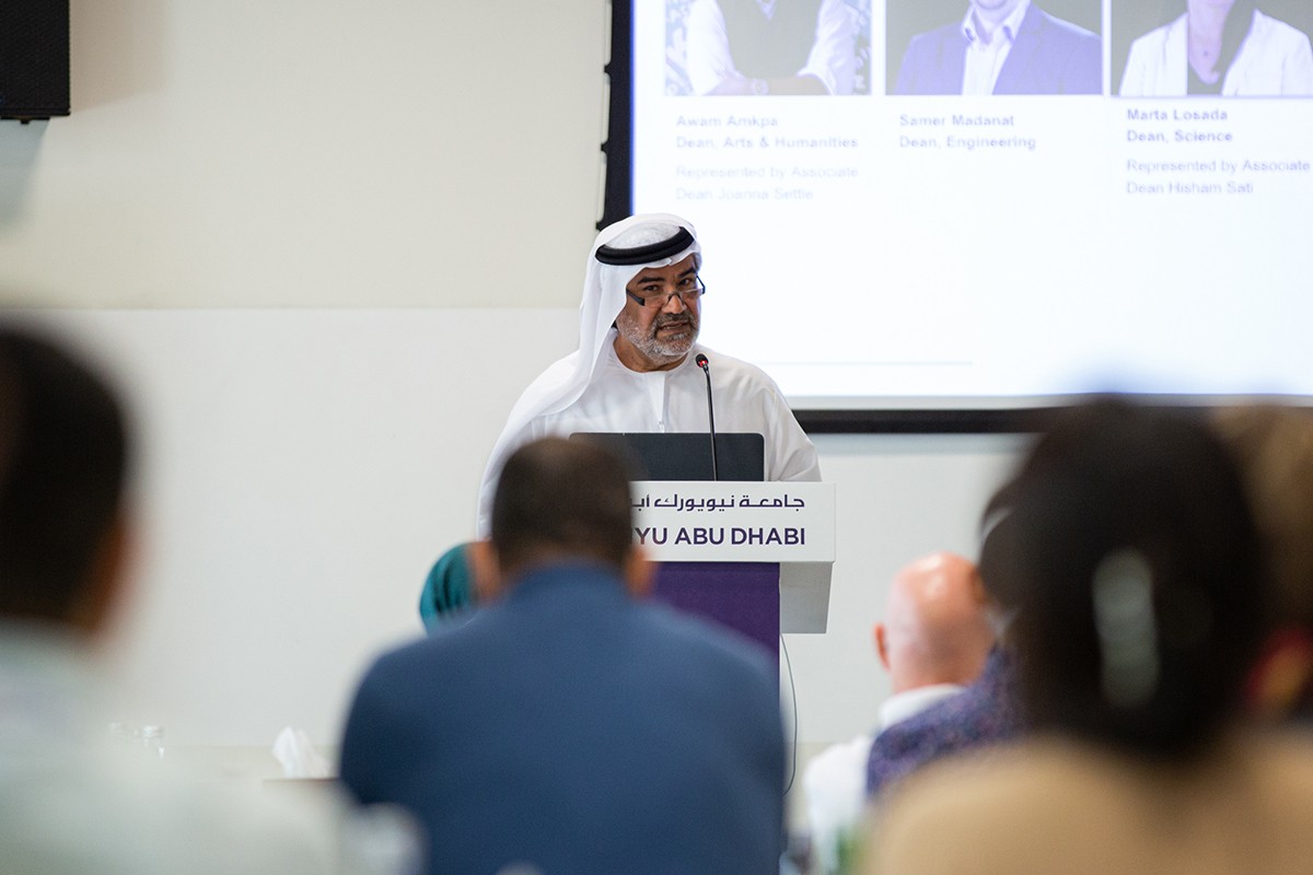 Sehamuddin Galadari, Senior Vice Provost for Research speaks at the New Faculty Orientation at NYU Abu Dhabi.