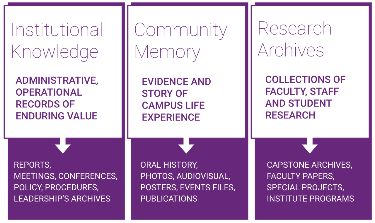 Institutional Knowledge: administrative, operational records of enduring value; reports, meetings, conferences, policy, procedures, leadership's archives. Community Memory: evidence and story of camps life experience; oral history, photos, audiovisual, posters, events files, publications. Research Archives: collections of faculty and student research; Capstone archives, faculty papers, special projects, institute programs