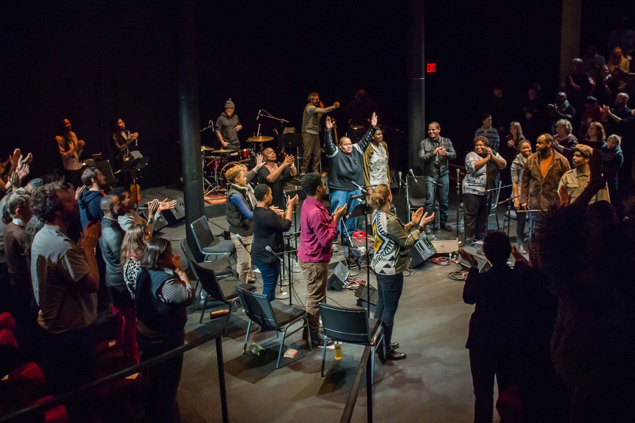A standing ovation for Toshi Reagon and her ensemble of musicians and actors.