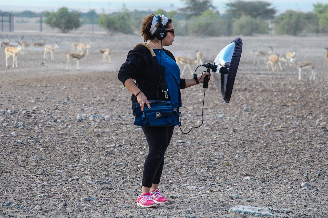 A student captures sounds of wildlife for a class project at Sir Bani Yas Island, the UAE's largest wildlife preserve.