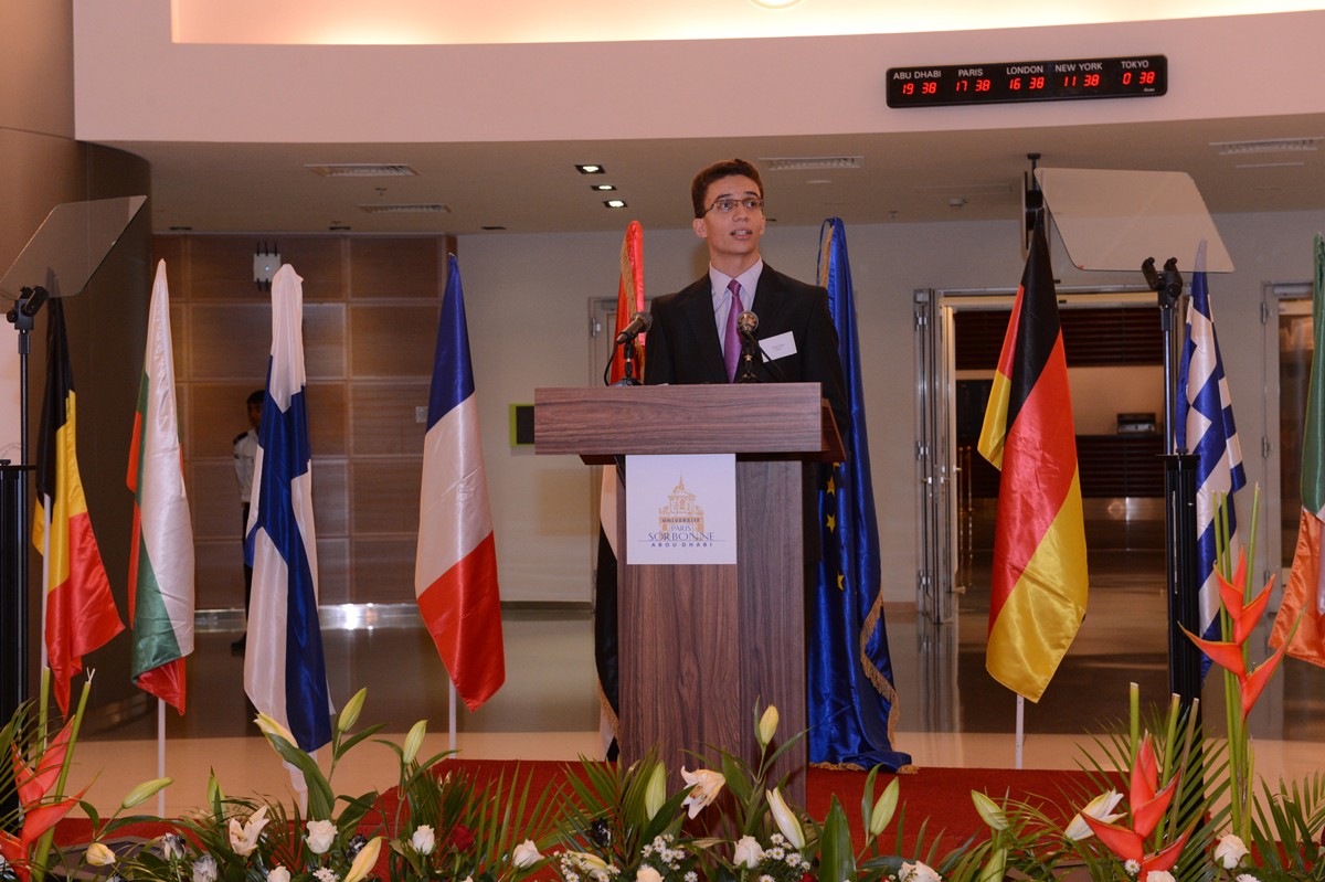 Toma Pavlov, Class of 2017, speaks at the Europe Day celebration. 