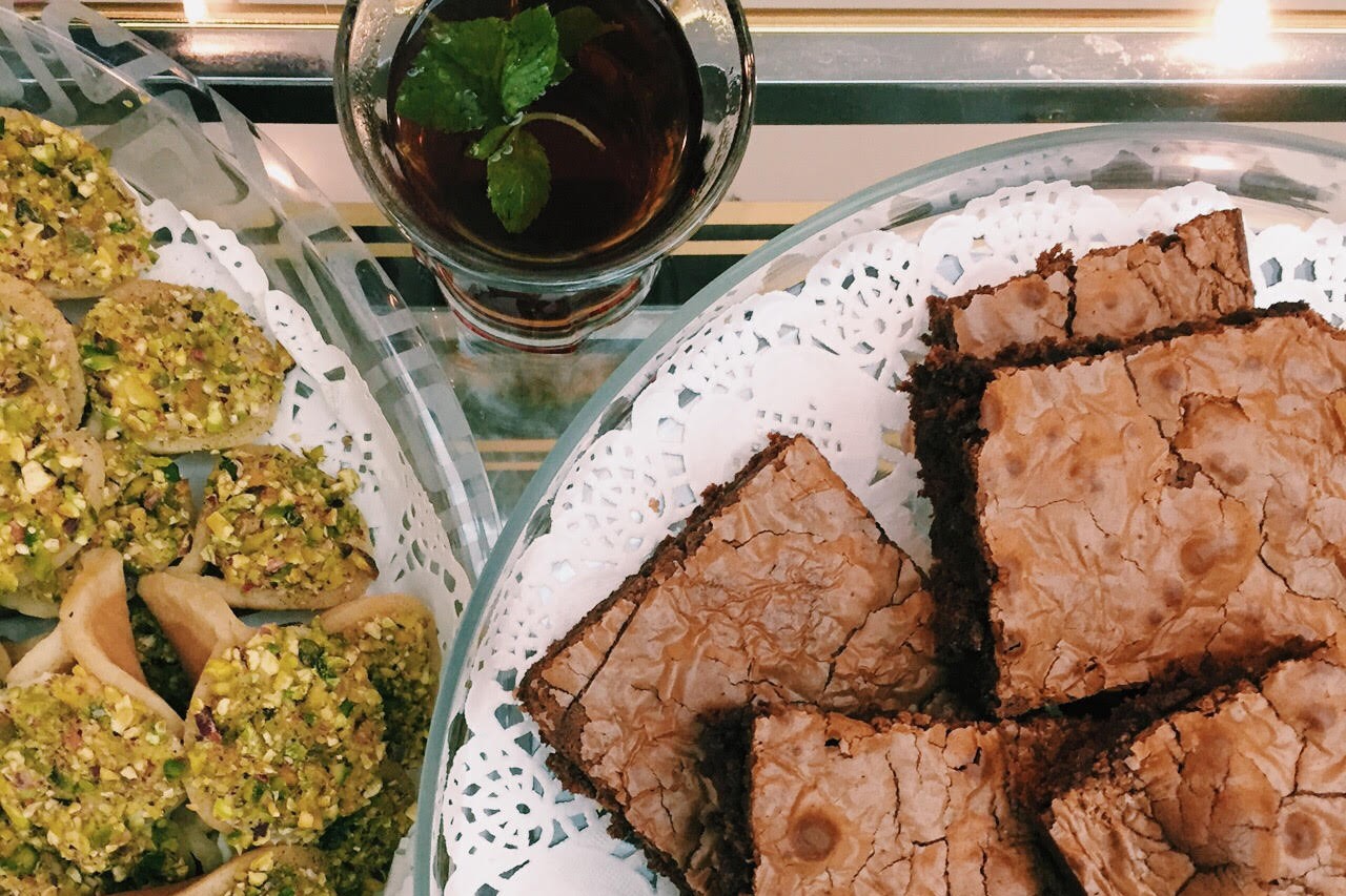 Hot tea with asafeeri, a traditional Ramadan dessert, and Nutella brownies.