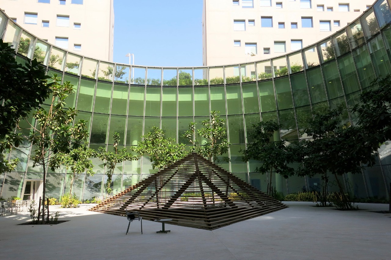 Atriums are located at the base of many buildings on campus.