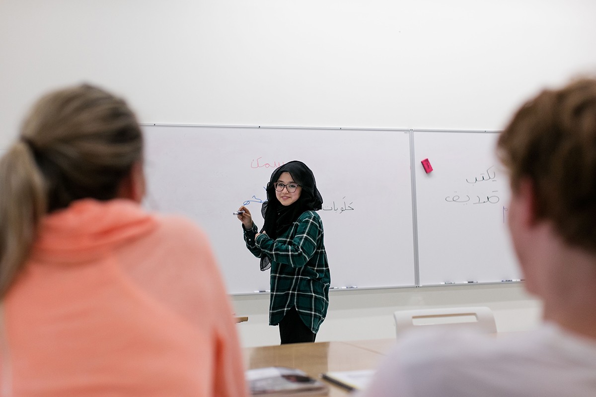 Students take professor Dris Soulaimani's elementary Arabic class at the NYU Abu Dhabi campus on Saadiyat Island in Abu Dhabi. 