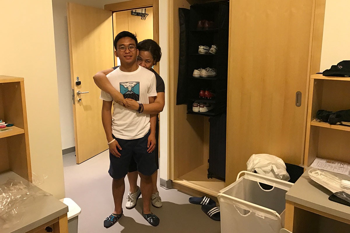 Savion Garcia, left, with Mimi Garcia, right, in his campus residence during Marhaba 2018.