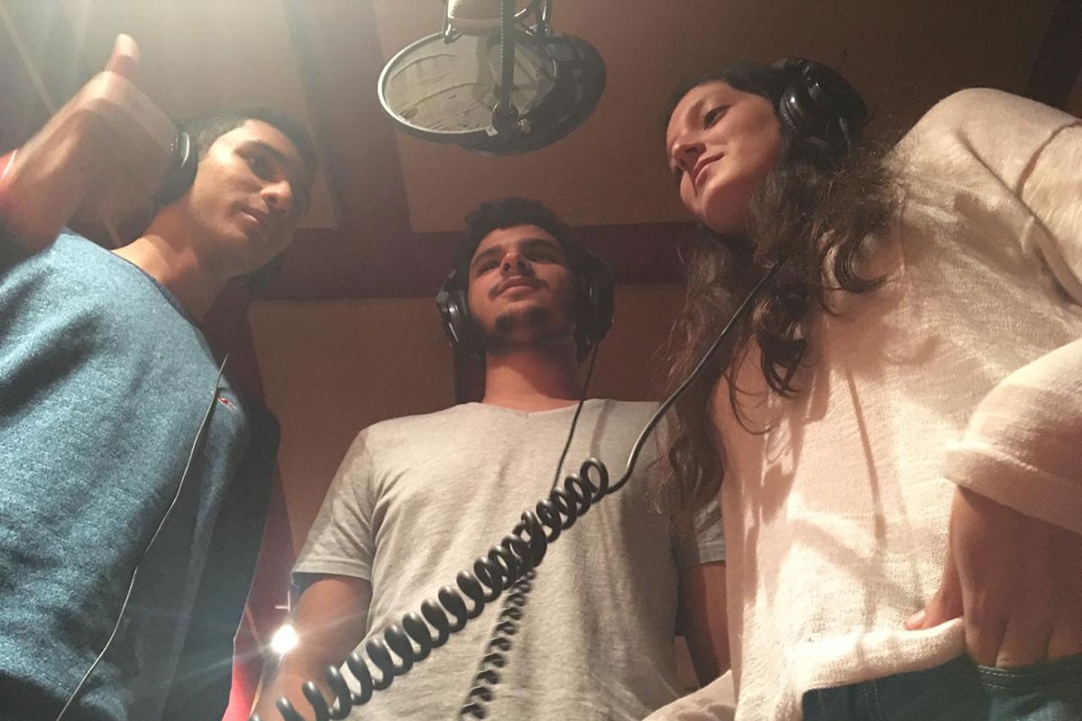 (L-R) Band members of Shaghaf in a recording studio, Youssef Azzam, Ahmed Mitry, and Sara Hussein Fakhry. Image courtesy of Azzam.