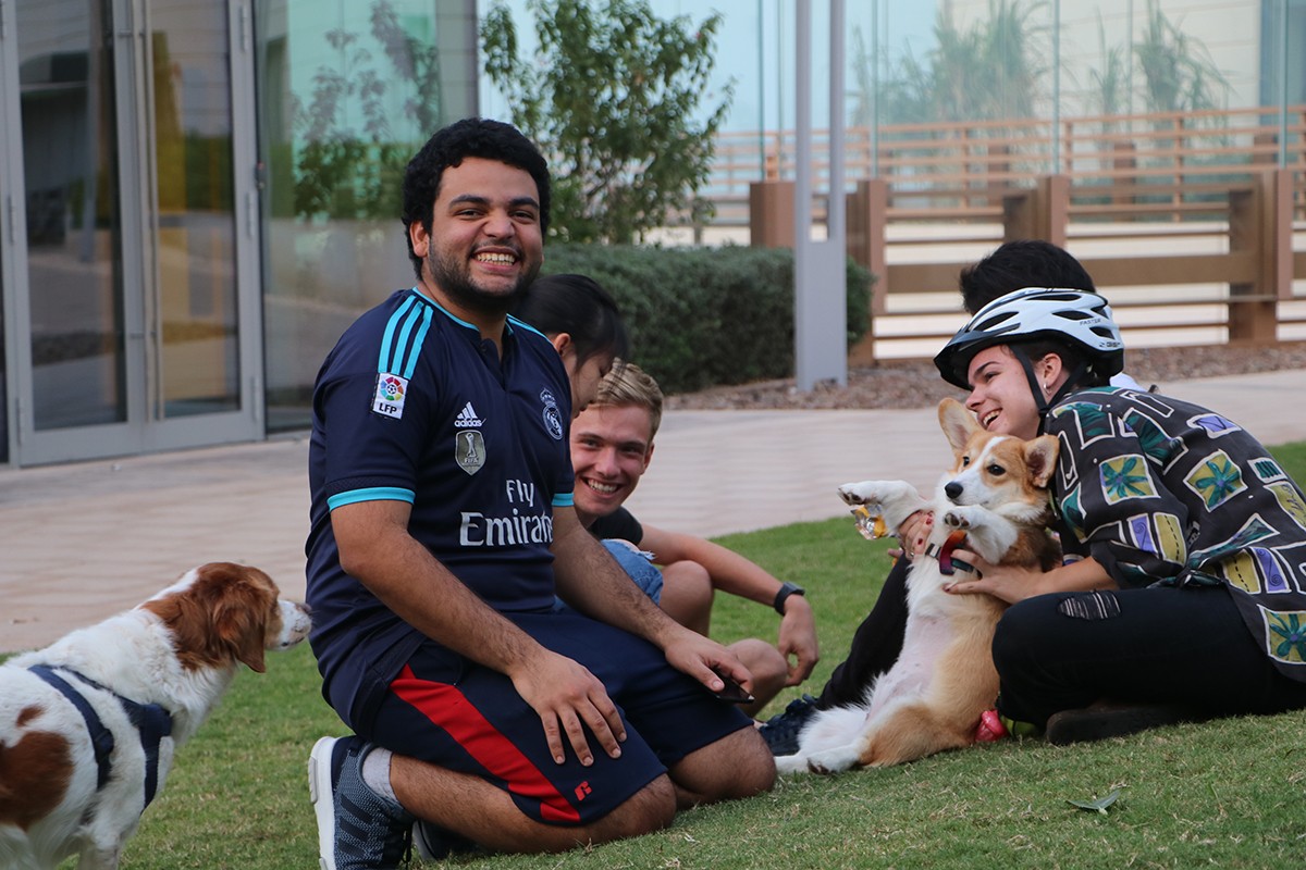 NYU Abu Dhabi students hanging out with furry pals during a doggy destress event on campus. Photo taken pre COVID-19. 
