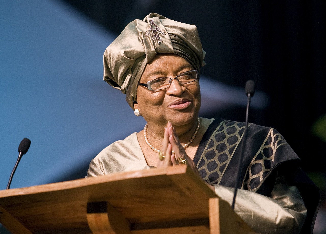 Ellen Johnson Sirleaf, president of Liberia, addresses the 2008 United Methodist General Conference on April 29 in Fort Worth, Texas. Sirleaf is a United Methodist and the first female head of state in Africa. A UMNS photo by Mike DuBose. Photo #GC0380. April 29, 2008.