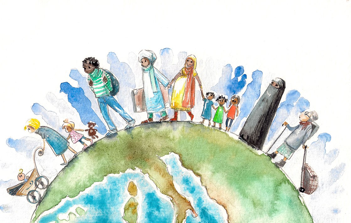 An illustration of migration around the globe with people of different cultures and nationalities. iStock