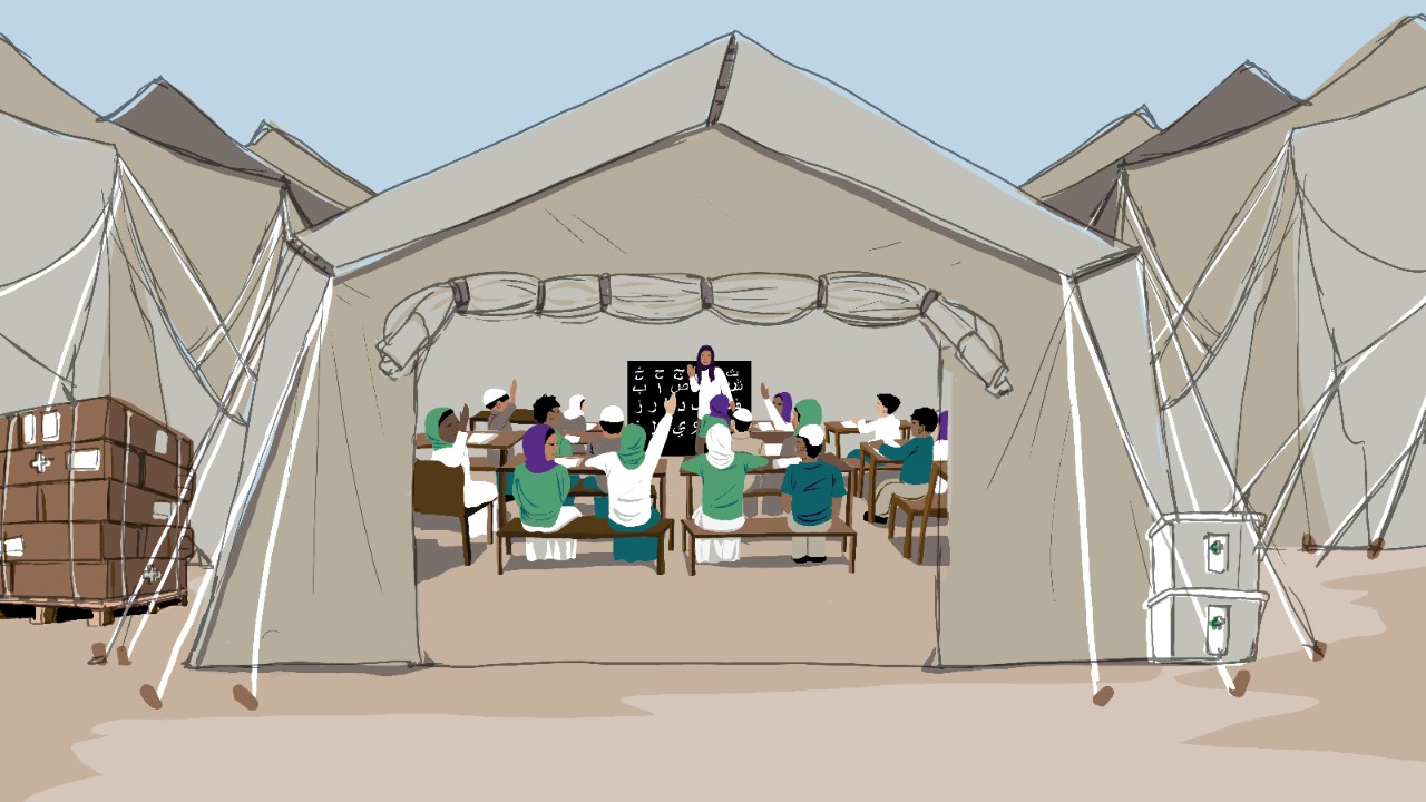 Illustration of refugee students in a makeshift classroom, for the NYU Global TIES research project.