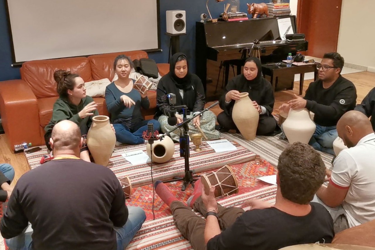 NYU Abu Dhabi students during a regional seminar in Kuwait to better understand Khaleeji music.