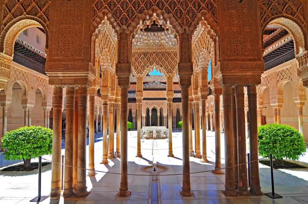 July 1, 2014. Moorish architecture of the Court of the Lions, the Alhambra, Granada, Andalucia (Andalusia), Spain, Europe.