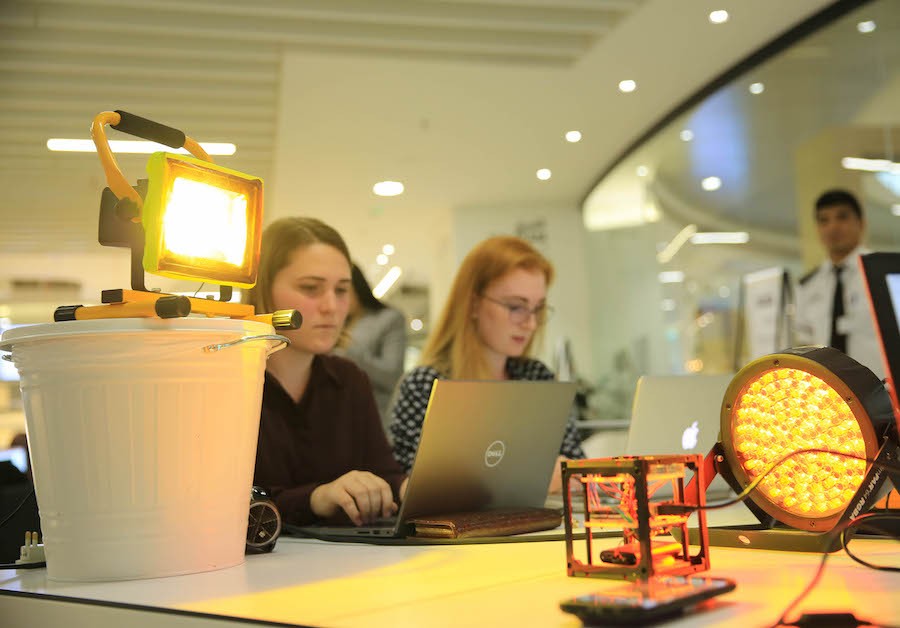 NYUAD students Alison Waterman and Nathalie Launder compete at the UAE Space Hackathon 2018. MBR Space Centre