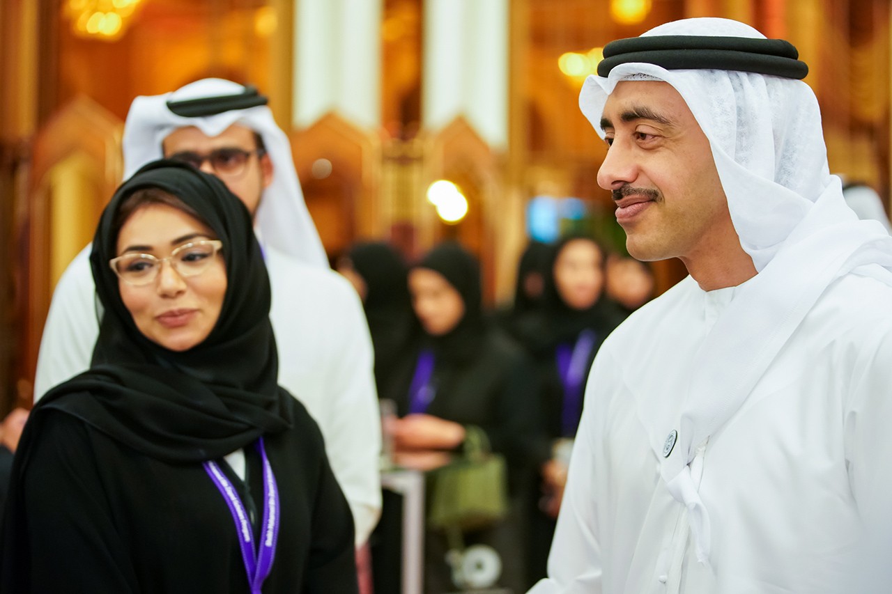 His Highness Sheikh Abdullah bin Zayed Al Nahyan, Minister of Foreign Affairs and International Cooperation (right) attends the 10th anniversary celebration of NYU Abu Dhabi's Sheikh Mohamed bin Zayed Scholars Program.