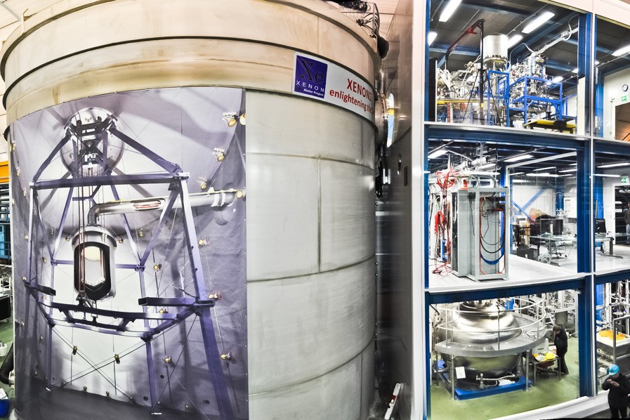 A vacuum-insulated double-wall cryostat (a gigantic version of a thermos flask) contains the cryogenic xenon and the dark matter detector. The xenon gas is cooled and purified in a glass installation three stories high.