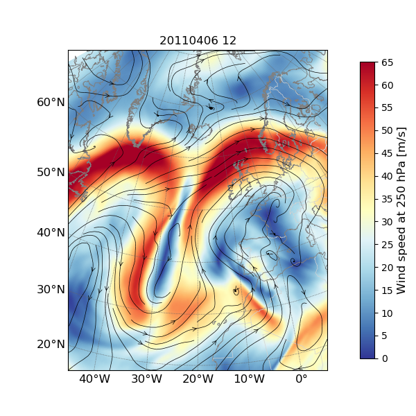 Meandering polar jet stream visible in red colors, upper-level trough visible in blue. European Centre for Medium-Range Weather Forecasts
