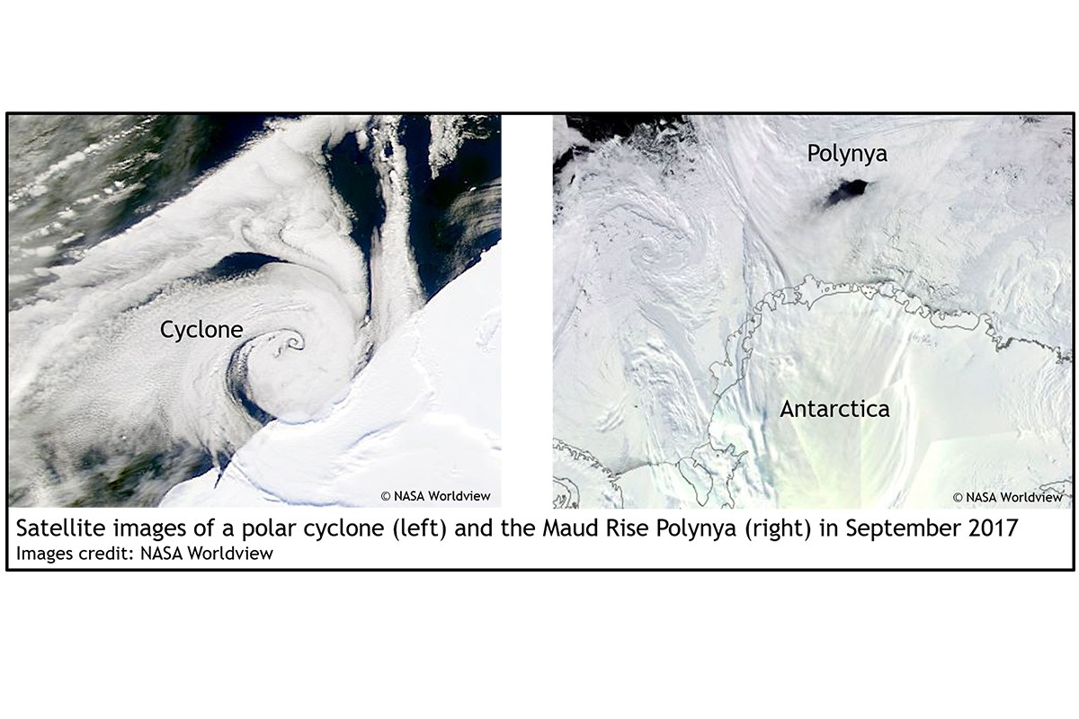 Satellite images of a polar cyclone (left) and the Maud Rise Polynya (right) in September 2017. Images credit - NASA Worldwide.
