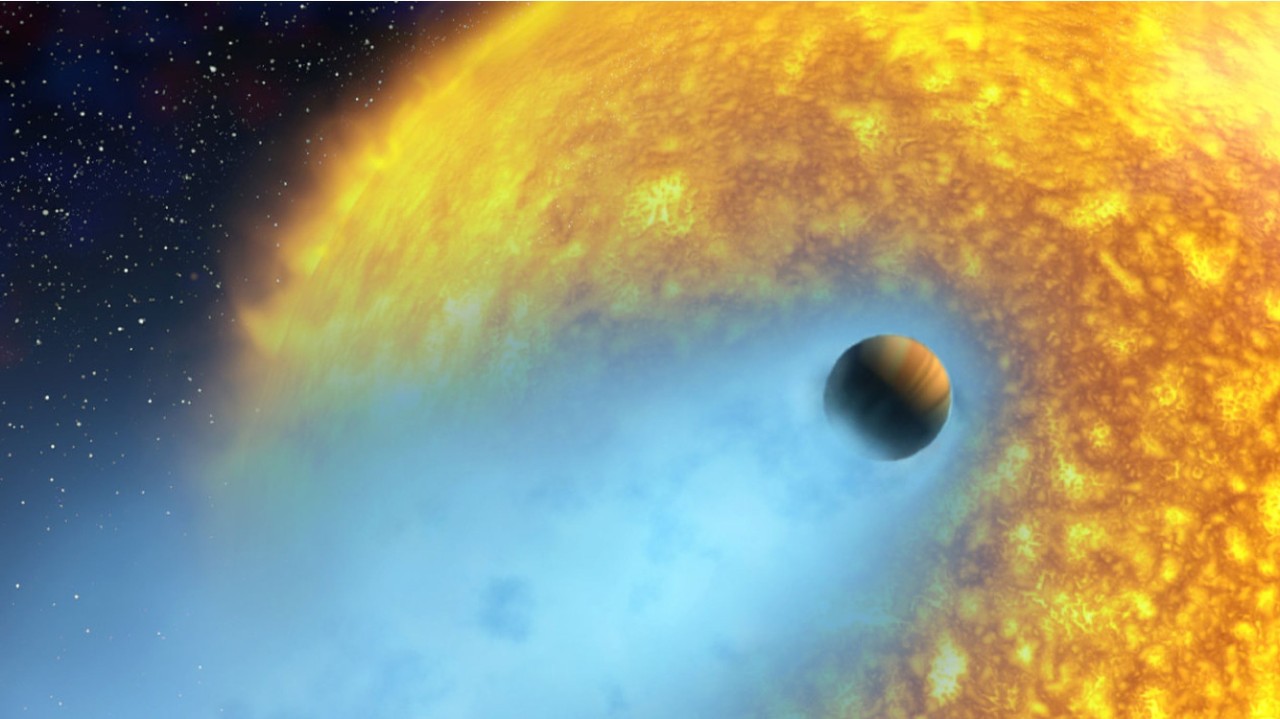 An artist's conception of HD 209458 b, an exoplanet whose atmosphere is being torn off at more than 35,000 km/hour by the radiation of its close-by parent star.