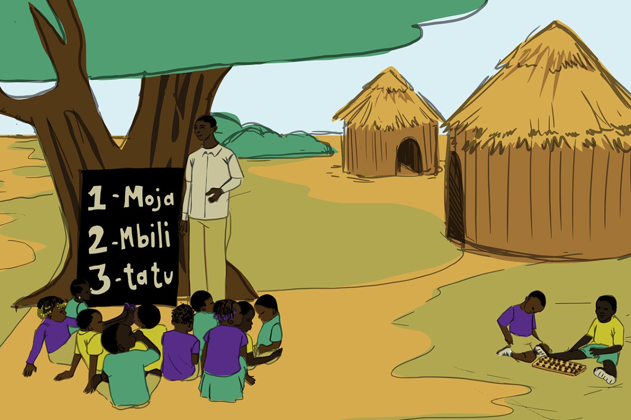 An illustration of the work that Global TIES does in the Congo to help children feel safer in school in conflict-afflicted regions.