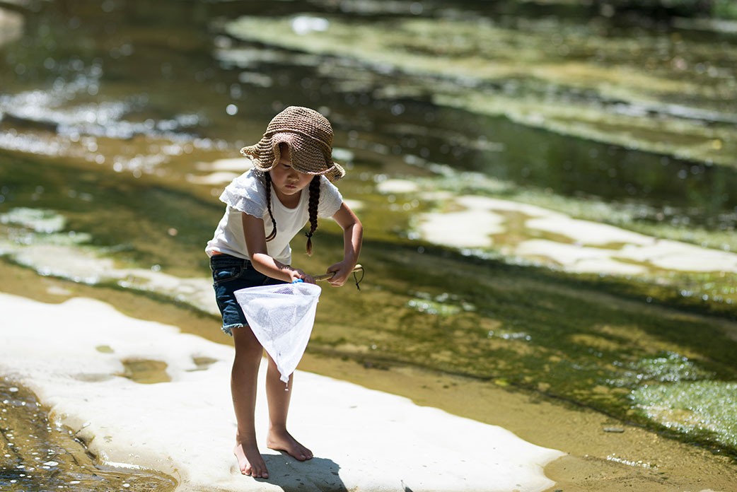 A little girl with a net by a stream.