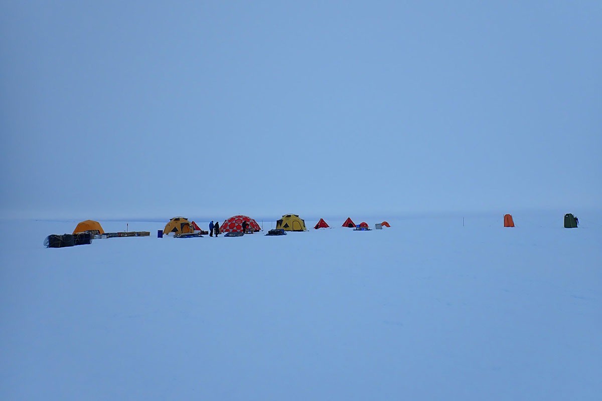 Researchers camp on the ice sheet in the Antarctic.