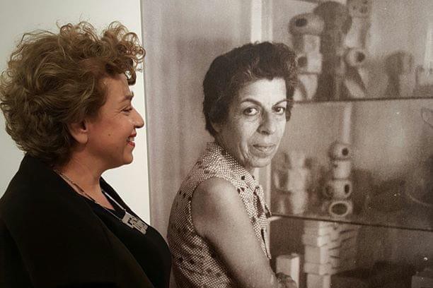 Portrait of Hala Schoukair with Image of her mother, and the late abstract artist, Saloua Raouda Choucair