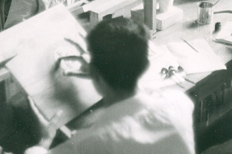 Detail of studio workspace in the College of Fine Arts, Damascus, c. 1964. From photograph in the collection of the estate of Mahmoud Hammad.