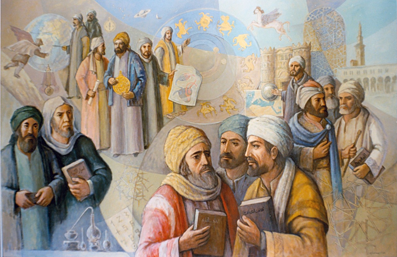 Figure 3. Mahmoud Hammad, Islamic Scientists, 1988. Oil on Canvas, 120 x 180 cm. Islamic Civilization Museum in Sharjah, UAE. Image courtesy of the Mahmoud Hammad Estate.