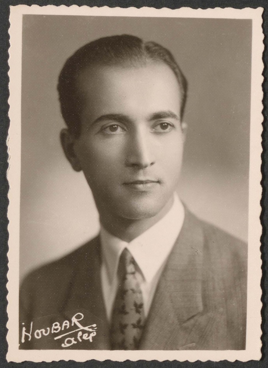 Figure 1. Portrait of Mahmoud Hammad at Studio Noubar in Aleppo, Syria. October 1950. Image from the Family Estate of Mahmoud Hammad, al Mawrid Arab Art Archive