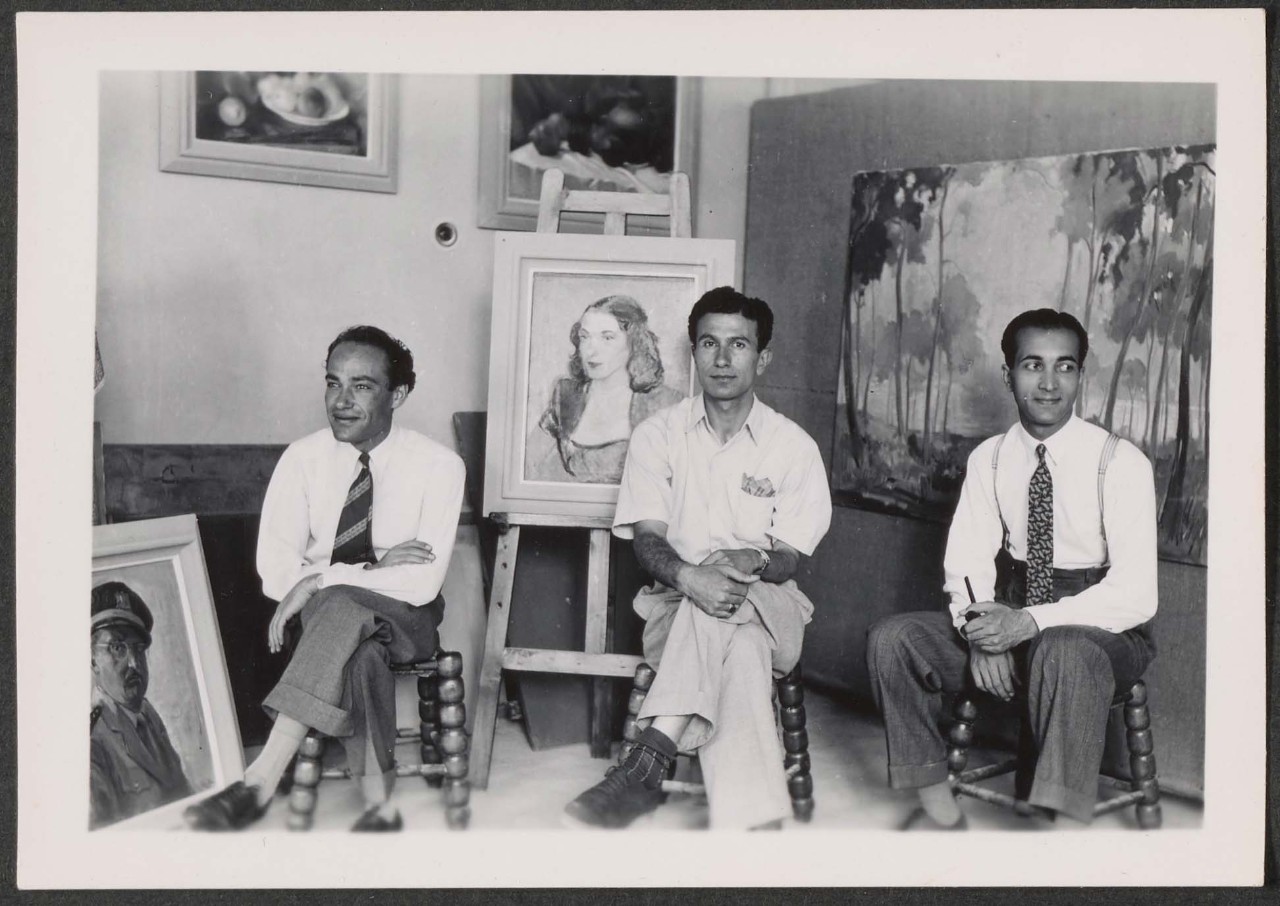 Figure 4. From right to left: Mahmoud Hammad, Khaireldin Al Mou'azen Al Ayyoubi and Nassir Chaura at Atelier Nassir Chaura in Damascus, Syria. August 5, 1949. Image from the Family Estate of Mahmoud Hammad, al Mawrid Arab Art Archive
