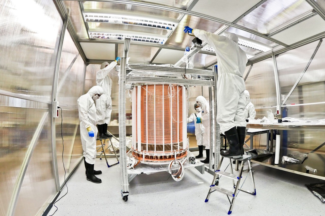 Scientists work with the XENON 1T device located in a special physics lab deep underneath a mountain in central Italy. It is the world's most sensitive tool to find dark matter. NYUAD is a collaborating institution on the experiment.