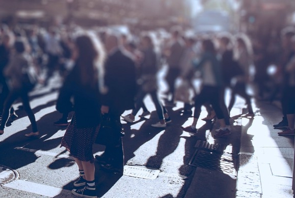 Hundreds of people staged in rows, crossing a city street.