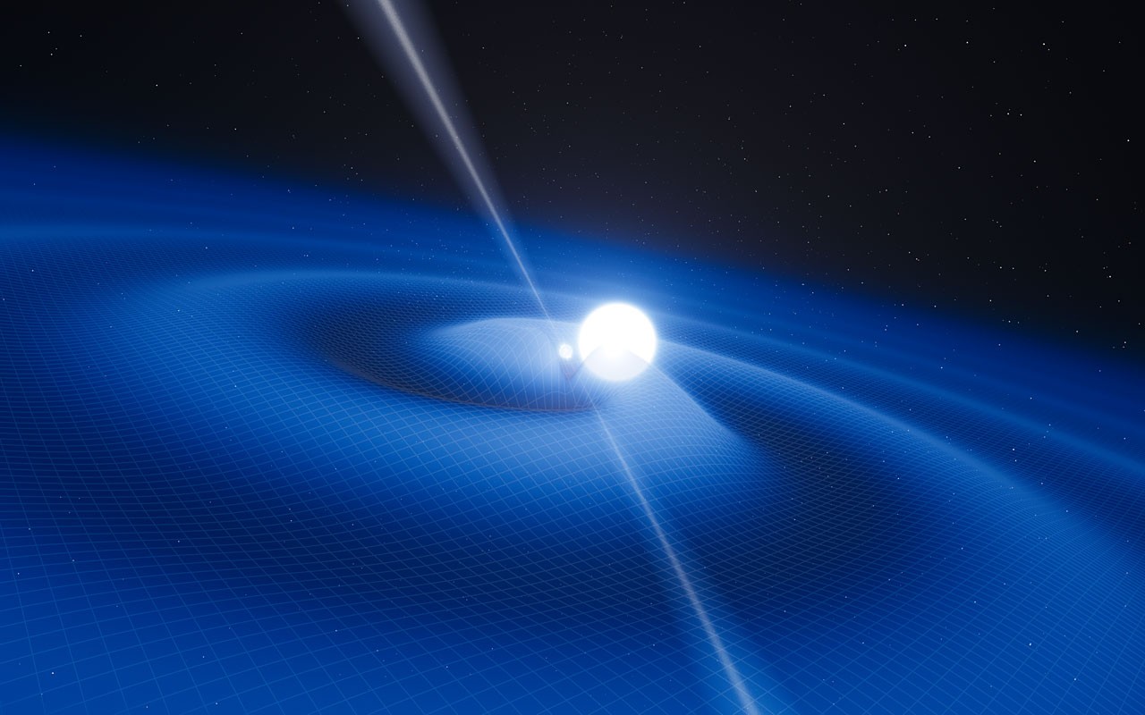 This artist’s impression shows the exotic double object that consists of a tiny, but very heavy neutron star that spins 25 times each second, orbited every two and a half hours by a white dwarf star. The neutron star is a pulsar named PSR J0348+0432 that is giving off radio waves that can be picked up on Earth by radio telescopes. Although this unusual pair is very interesting in its own right it is also a unique laboratory for testing the limits of physical theories. This system is radiating gravitational radiation, ripples in spacetime. Although these waves cannot be yet detected directly by astronomers on Earth they can be detected indirectly by measuring the change in the orbit of the system as it loses energy. As the pulsar is so small the relative sizes of the two objects are not drawn to scale.