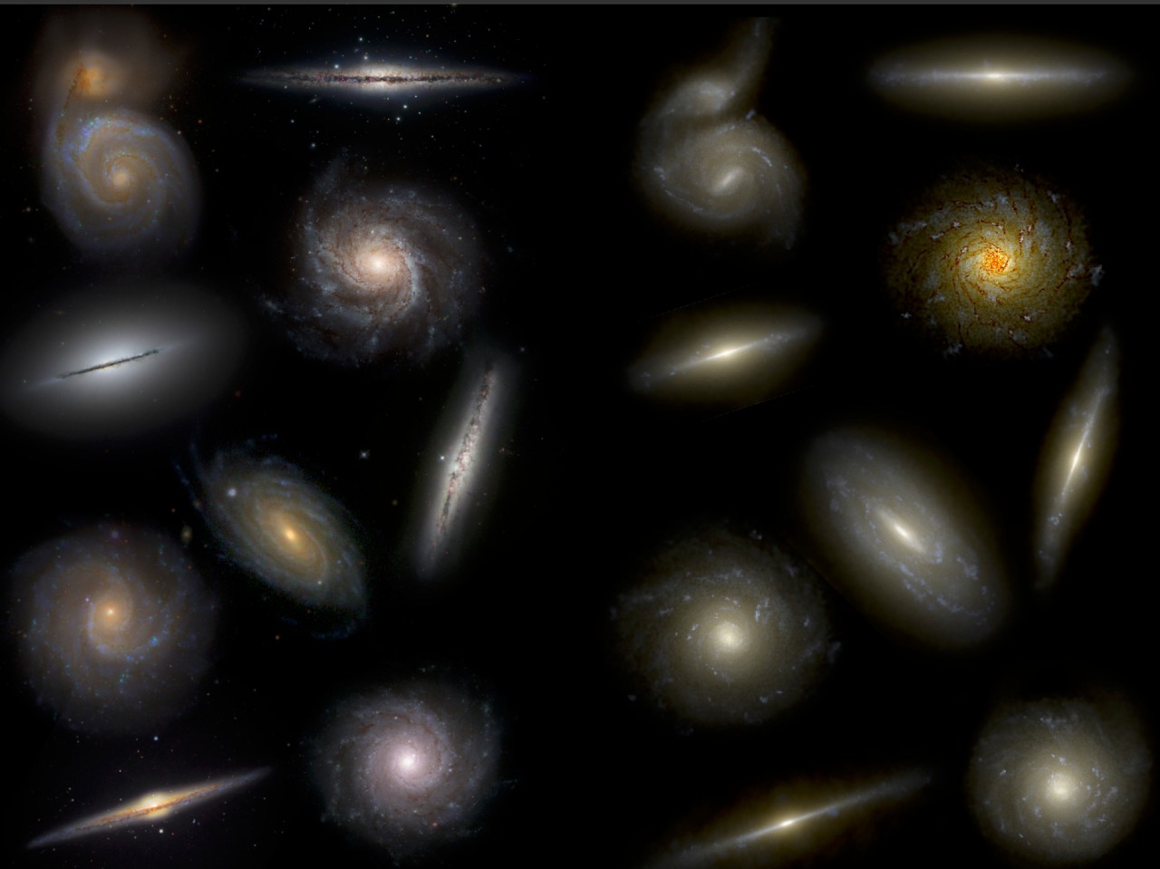 Visual comparison of real (left) and simulated (right) galaxies of different morphologies. Credit: T. Buck (PhD thesis), based on NIHAO simulations (PI: Andrea V. Macciò).